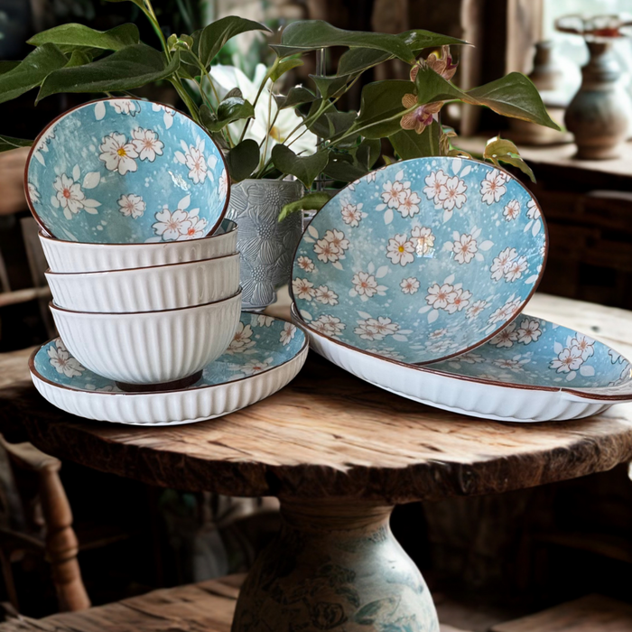Lavida Blossom Deep Sky Blue Ceramic Dinnerware Set – 6 Piece Collection | Platter, Plates & Bowls