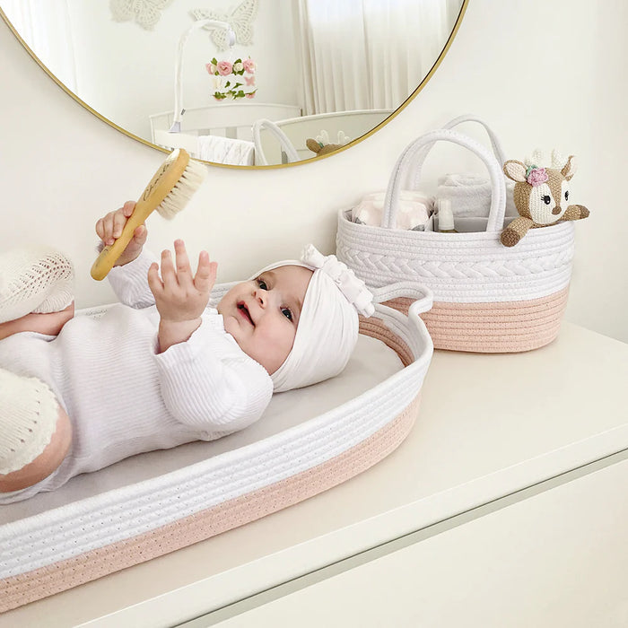 100% Cotton Rope Hamper – Medium 35x30x30cm | Blush/White Nursery Storage Basket