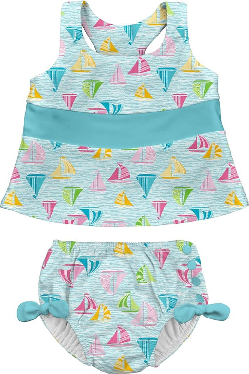 i.play Bow Tankini Swimsuit Set with Snap Reusable Absorbent Swim Diaper - Light Aqua Sailboat Sea - Lozza’s Gifts & Homewares 