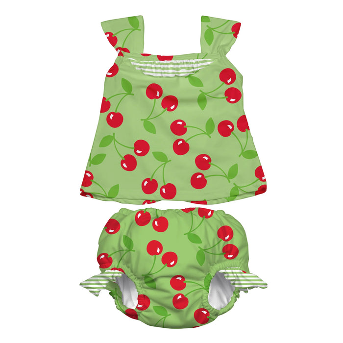 Green Sprouts | Swimsuit Set with Snap Reusable Absorbent Swim Diaper - Lime Cherry