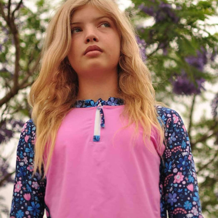 Girls Long Sleeve Rashguard + Swim Shorts | Flower Power