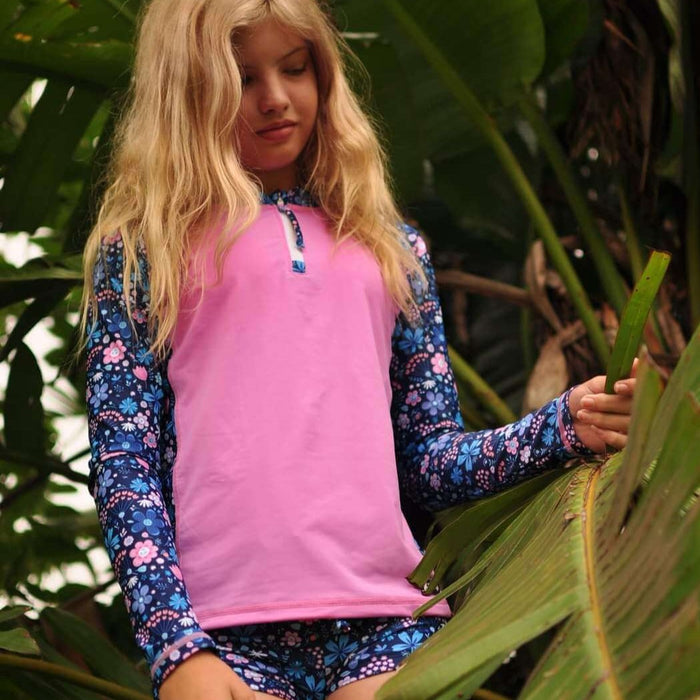 Girls Long Sleeve Rashguard + Swim Shorts | Flower Power