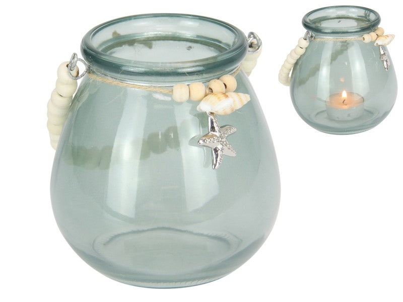 Aqua Glass Jar with Beaded Handle - 11cm