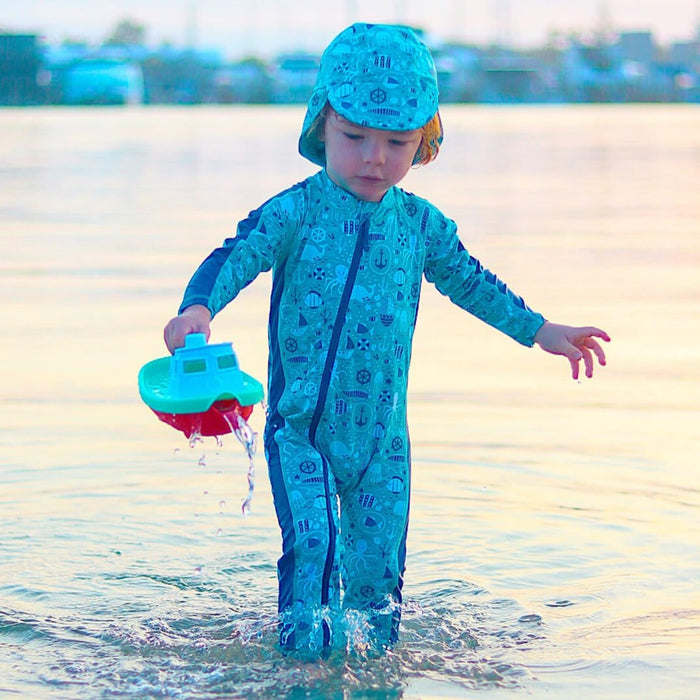 Baby Full Length Zip Sunsuit & Hat Set | Marine