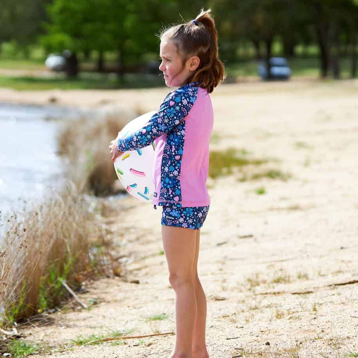 Girls Long Sleeve Rashguard + Swim Shorts | Flower Power