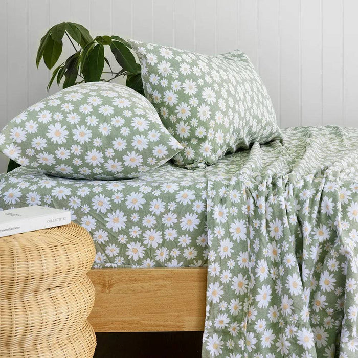 Bambury Daisy Flannelette Sheet Set - Sage - Lozza’s Gifts & Homewares 