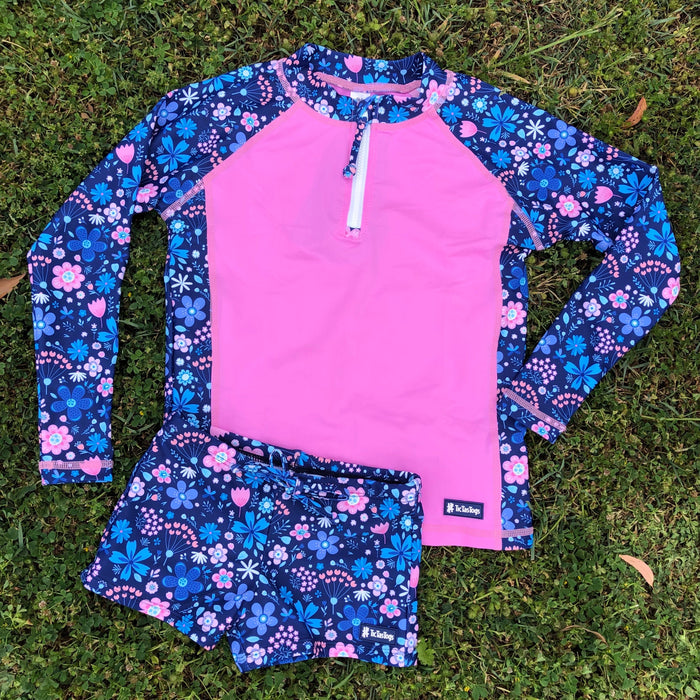 Girls Long Sleeve Rashguard + Swim Shorts | Flower Power