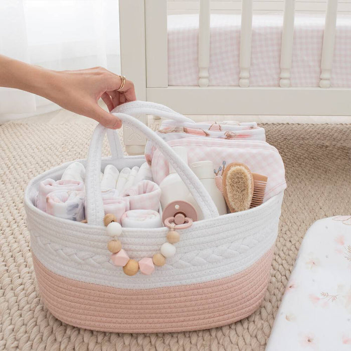 100% Cotton Rope Nappy Caddy - Small - Blush/White - Lozza’s Gifts & Homewares 