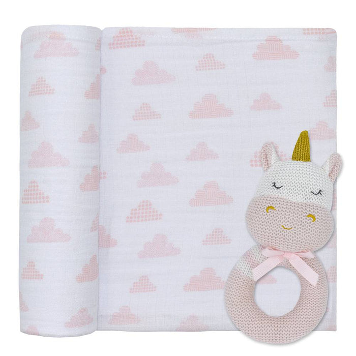 Kenzie the Unicorn Rattle & Muslin Gift Set - Lozza’s Gifts & Homewares 