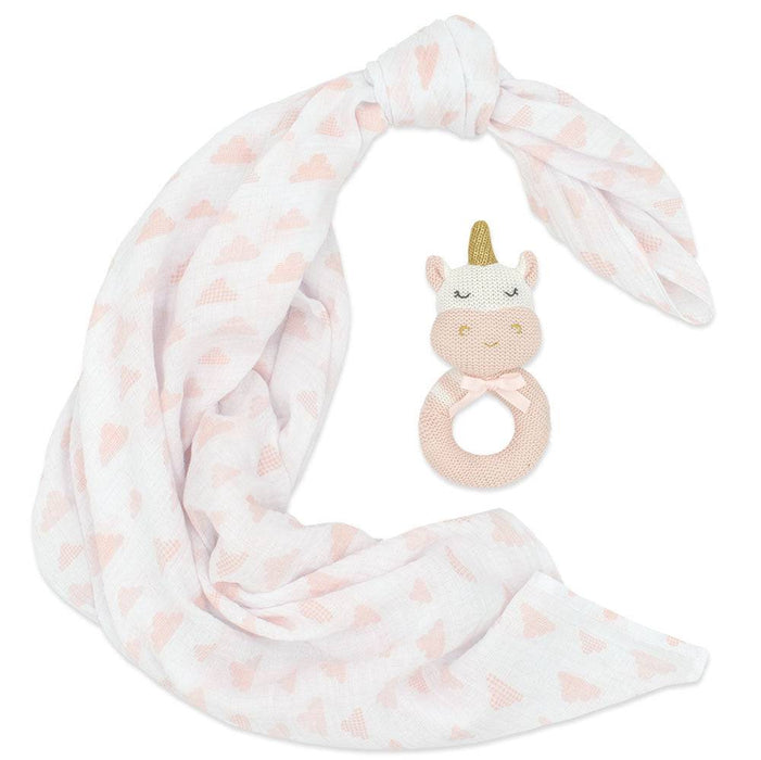 Kenzie the Unicorn Rattle & Muslin Gift Set - Lozza’s Gifts & Homewares 